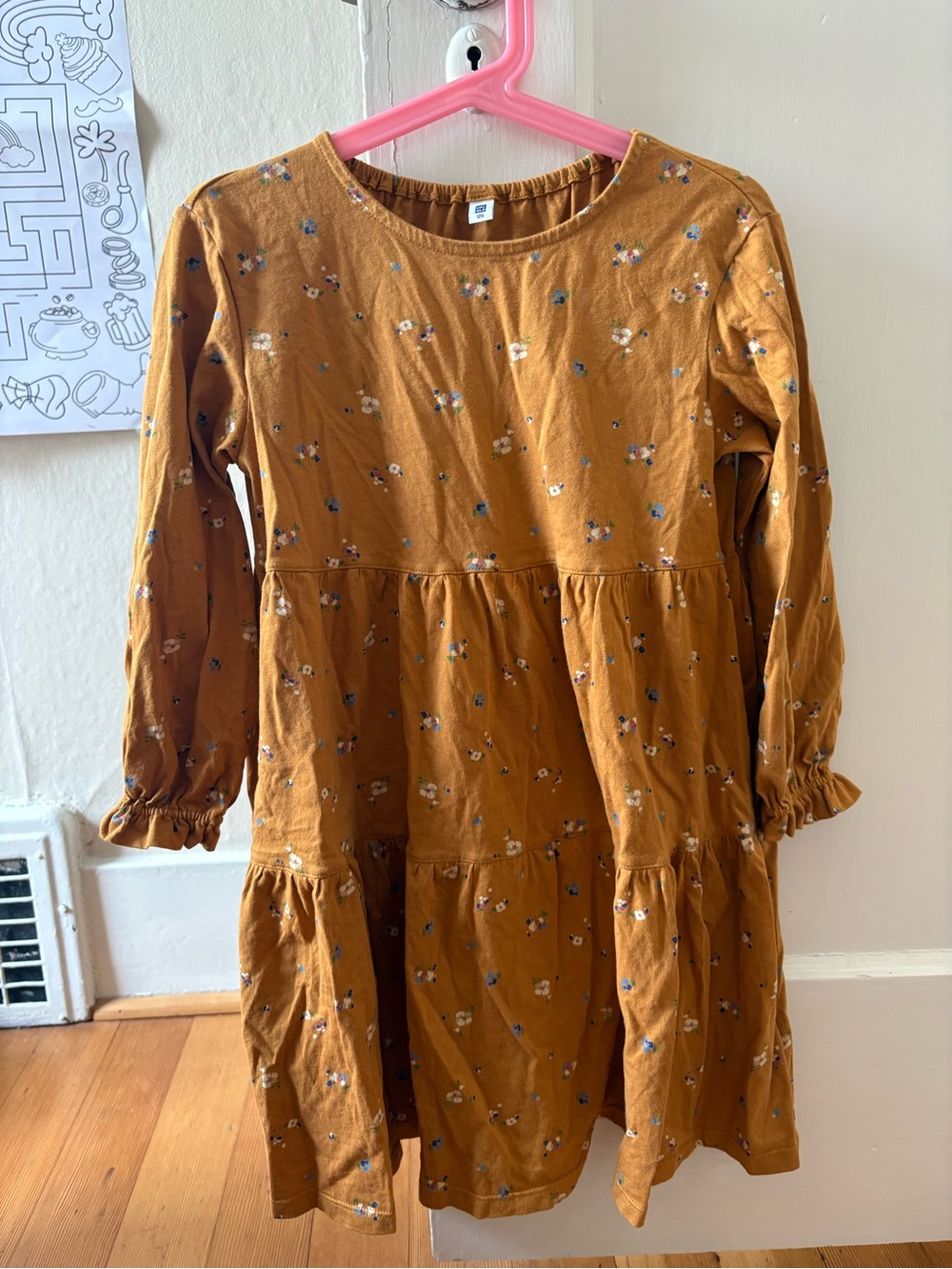 Uniqlo Mustard Floral Tiered Long-Sleeve Dress